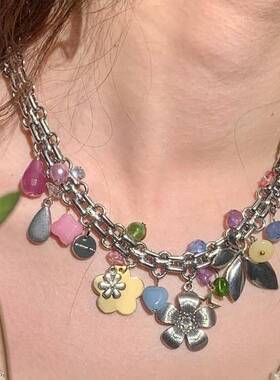 《热恋蔷薇》花叶彩色皓石个性少女项链原创小众设计花卉锁骨链女