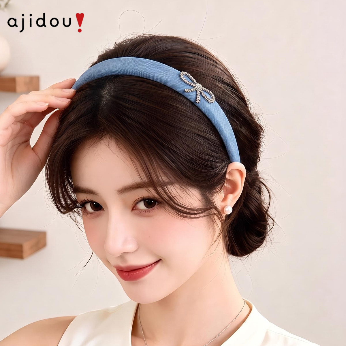 阿吉豆AJIDOU发箍女款蝴蝶结仿水晶宽头箍高颅顶复古牛仔蓝发饰品