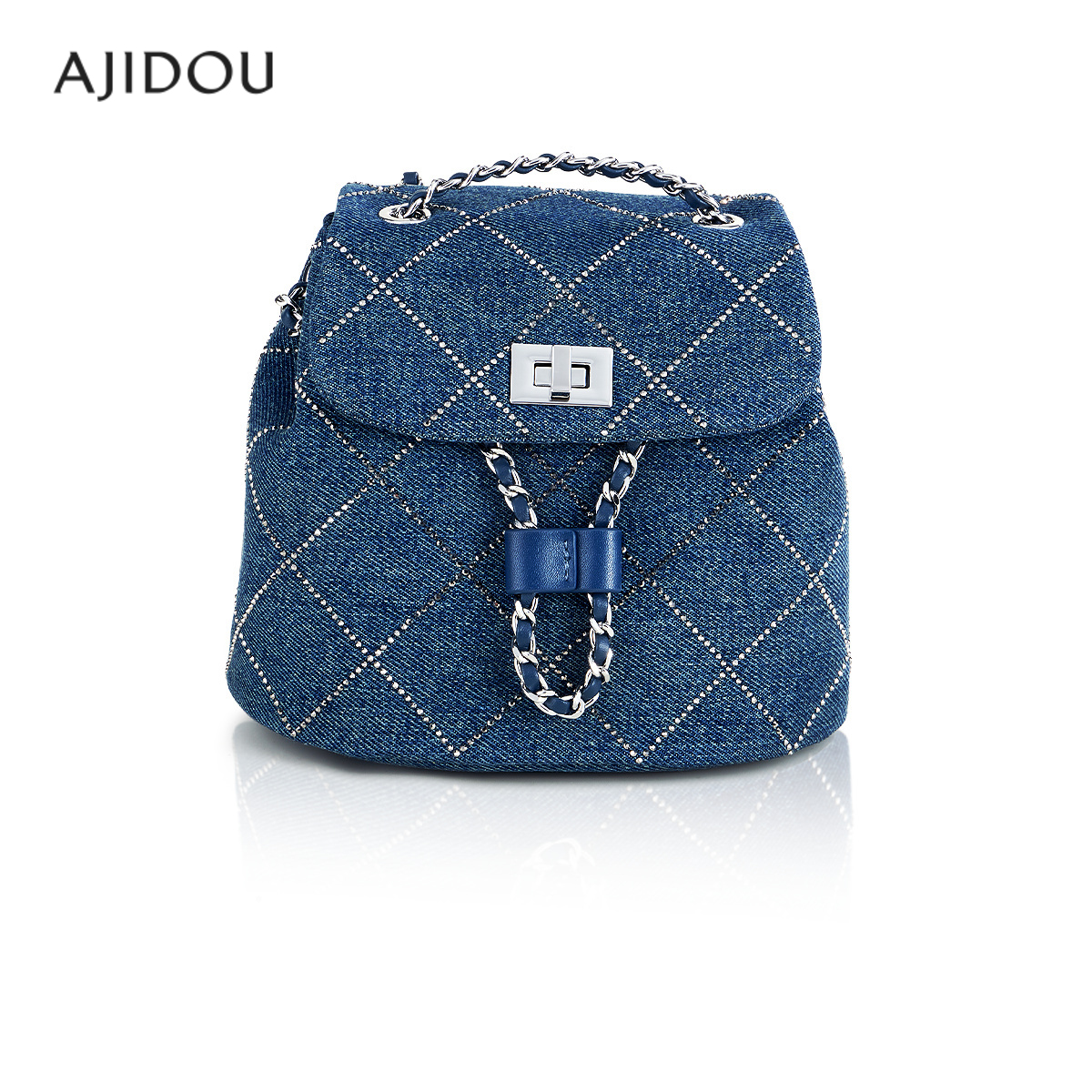 阿吉豆AJIDOU女斜纹烫钻牛仔包系列双肩包菱格链条书包大容量背包