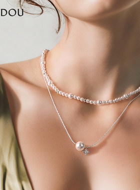 阿吉豆AJIDOU项链女款星河璀璨双层叠戴珍珠锆石锁骨链轻奢短复链