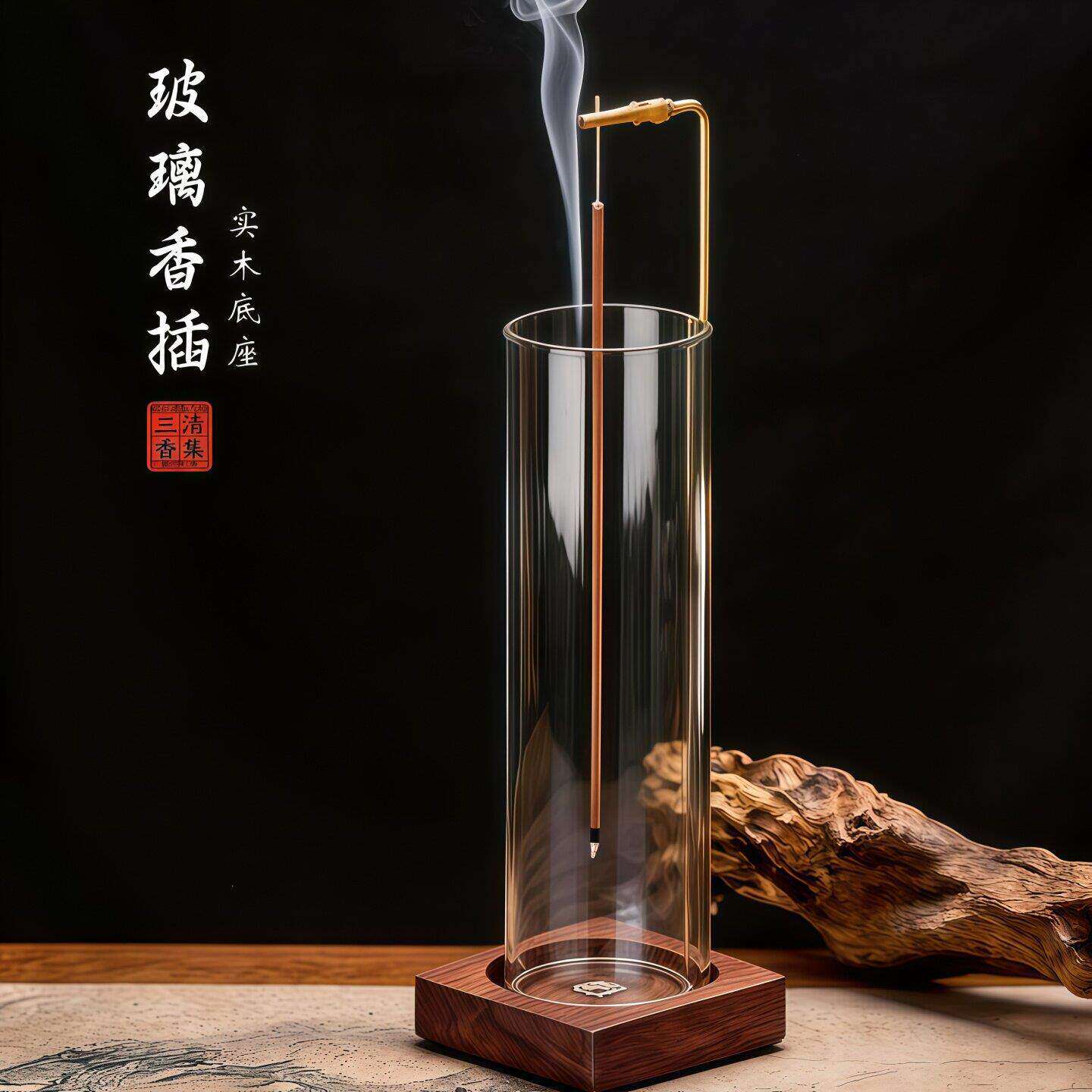 玻璃倒挂香插创意防灰实木香插香座家用香薰炉香托薰香器茶道用品