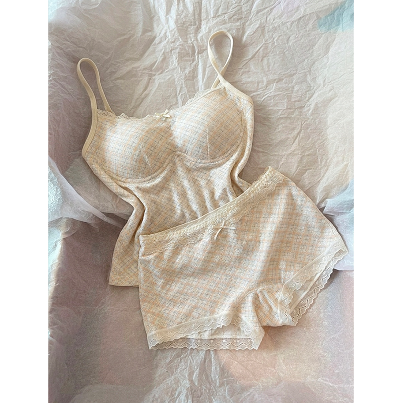 纯欲少女蕾丝格子带胸垫睡衣女夏天薄款修身吊带短裤家居服两件套