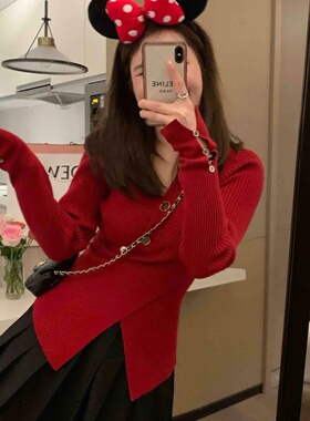 显瘦纸片人V领A4腰 修身坑条纯欲风针织毛衣交叉开叉长袖A08181