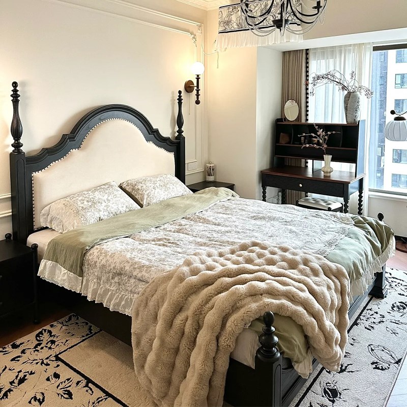 法式床复古实木双人主卧真皮大床1米8小户型高箱T储物美式中古风