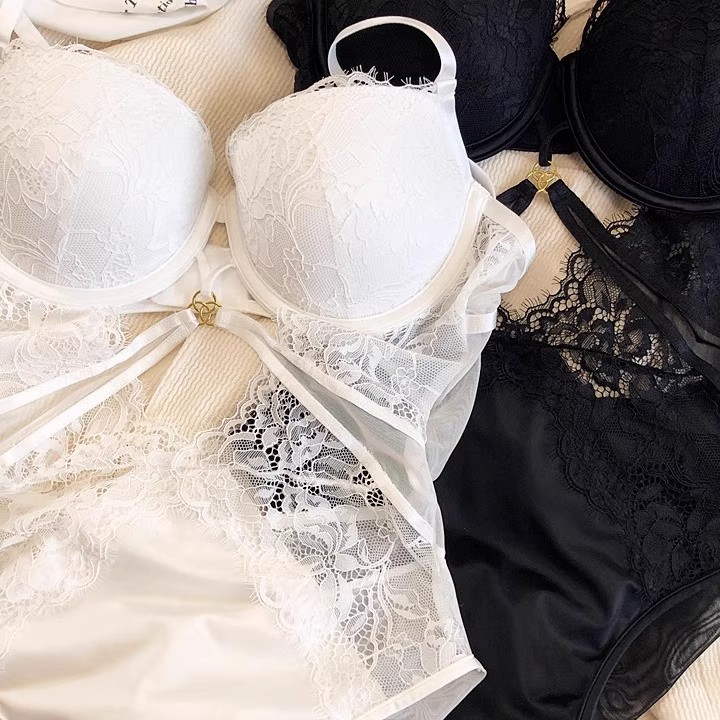 法式性感塑身连体内衣女聚拢上薄下厚杯有钢圈防下垂蕾丝文胸套装