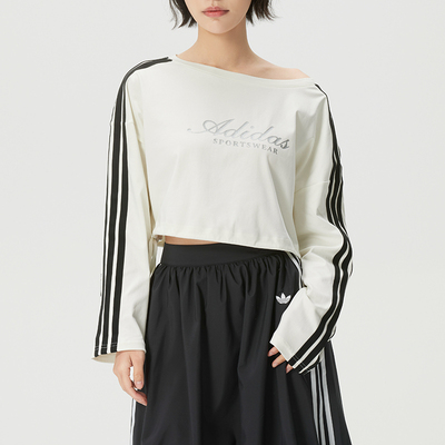 阿迪达斯女装舞动系列长袖T恤衫三条纹短款收腰大圆领上衣KX8971