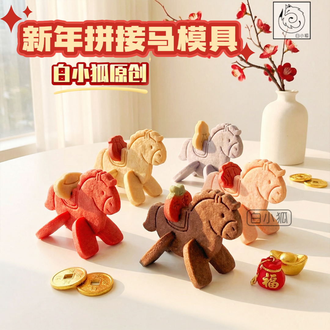 2026新年拼接马饼干模具创意立体小马元宝苹果祝福DIY翻糖蛋糕切