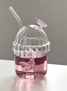 太美了 蝴蝶啵啵杯吸管杯带盖高硼硅玻璃杯耐高温牛奶杯喝水杯子