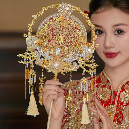 香槟色新娘团扇结婚秀禾扇子双面成品diy材料包高级感手持扇喜扇