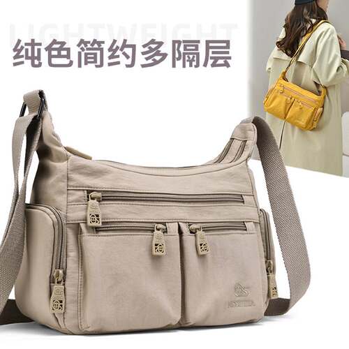 多口袋单肩斜挎包女士尼龙布多层大容量休闲百搭通勤帆布小包包
