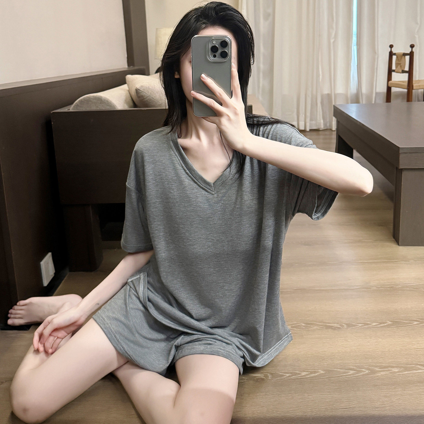 懒人睡衣女款夏季V领莫代尔带胸垫免穿文胸短袖可外穿家居服套装