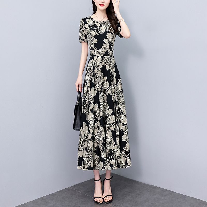 Korean version Chiffon Dress have more cash than can be accounted for 2025 summer The new Short sleeve Large swing skirt printing Show thin Cover your belly Round neck longuette