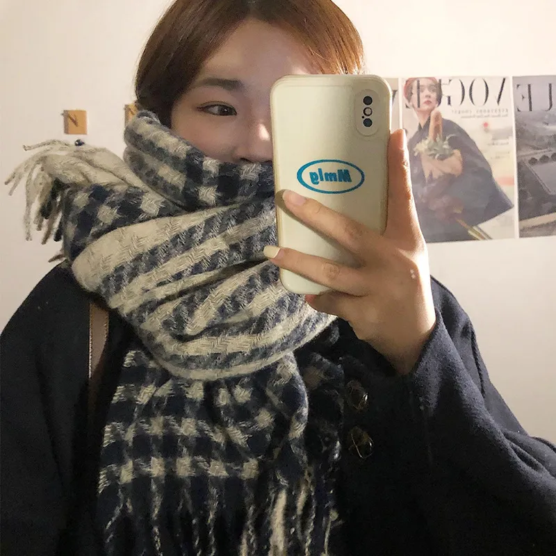 蓝咖色流苏加长款春秋千鸟格子