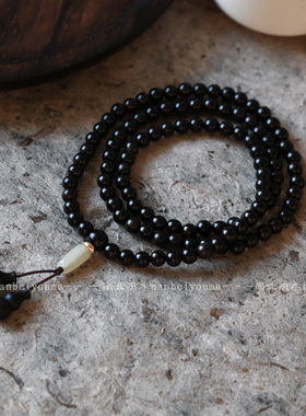 原创「夜未央」天然黑檀木多圈手串108颗随形和田玉中式佛珠文玩