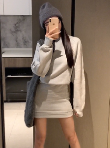 卫衣连衣裙女2023秋季新款简约风纯色圆领宽松长袖高腰包臀裙短裙