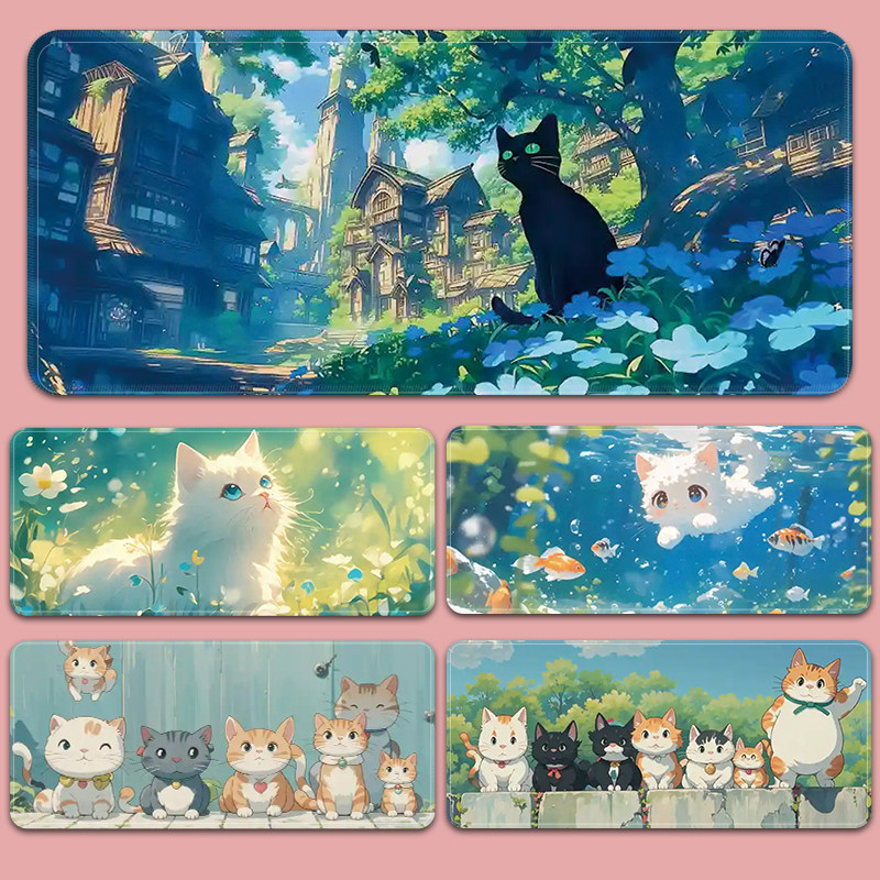 动漫猫咪鼠标垫超大女生可爱卡通办公桌垫电脑防滑耐磨键盘垫定制