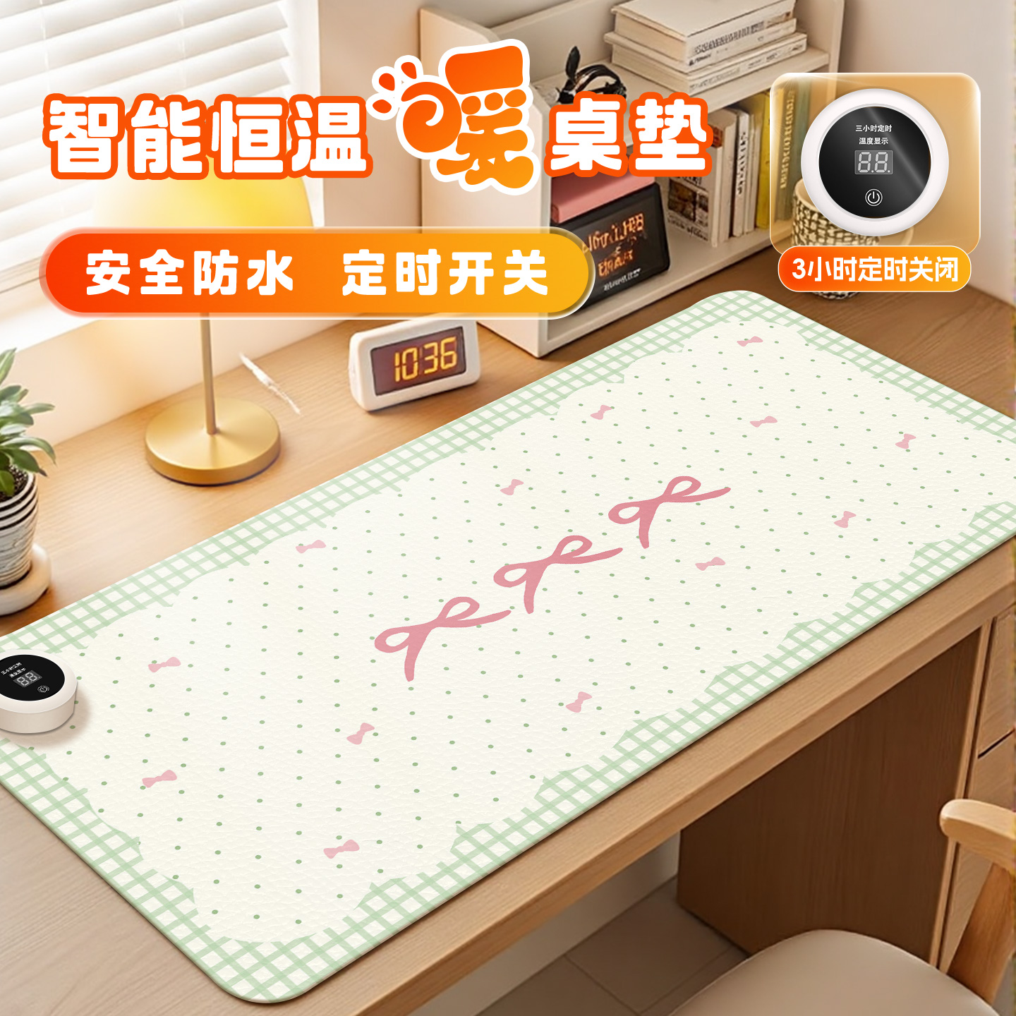 蝴蝶结加热鼠标垫暖桌垫超大办公室桌面冬天发热学生作业高级感高颜值女生加热暖手桌垫左开关防水耐脏电热垫