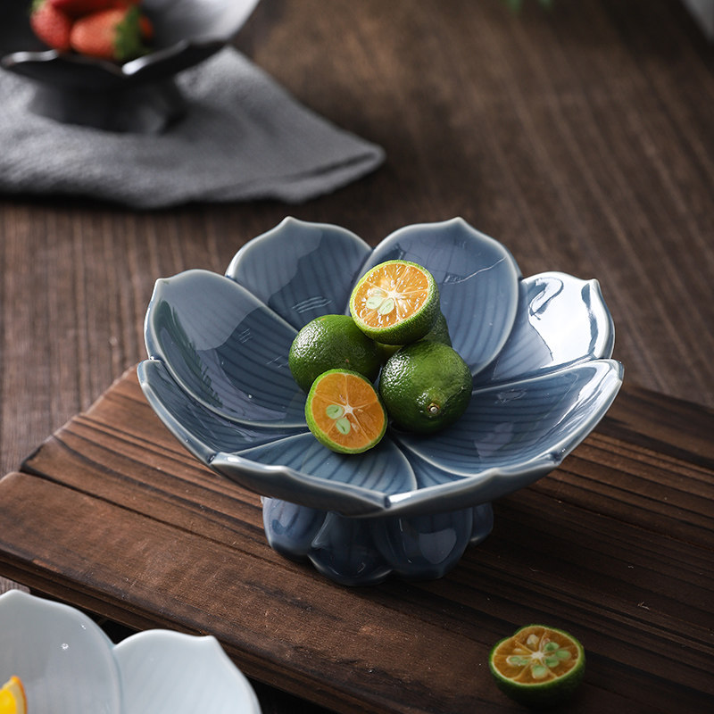 竹雪明中式莲花高脚茶点盘陶瓷高脚禅意围炉煮茶糕点盘供佛水果碟