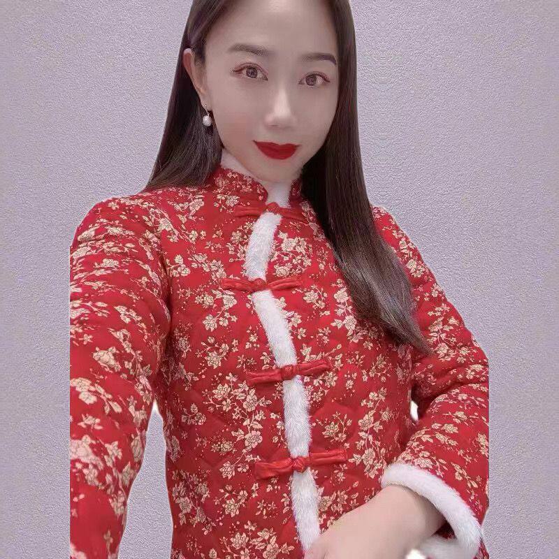 CHEONGSAM PADDED JACKET CHINESE STYLE BIG FLOWER JACKET ANTIQUE COTTON JACKET NATIONAL TIDE WOMENS CLOTHING AUTUMN AND WINTER CHINESE STYLE NATIONAL STYLE NEW YEARS DRESS