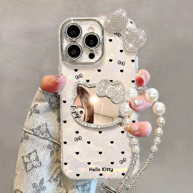 闪钻kt猫镜子手链适用苹果16pro手机壳15立体蝴蝶结14可爱卡通17
