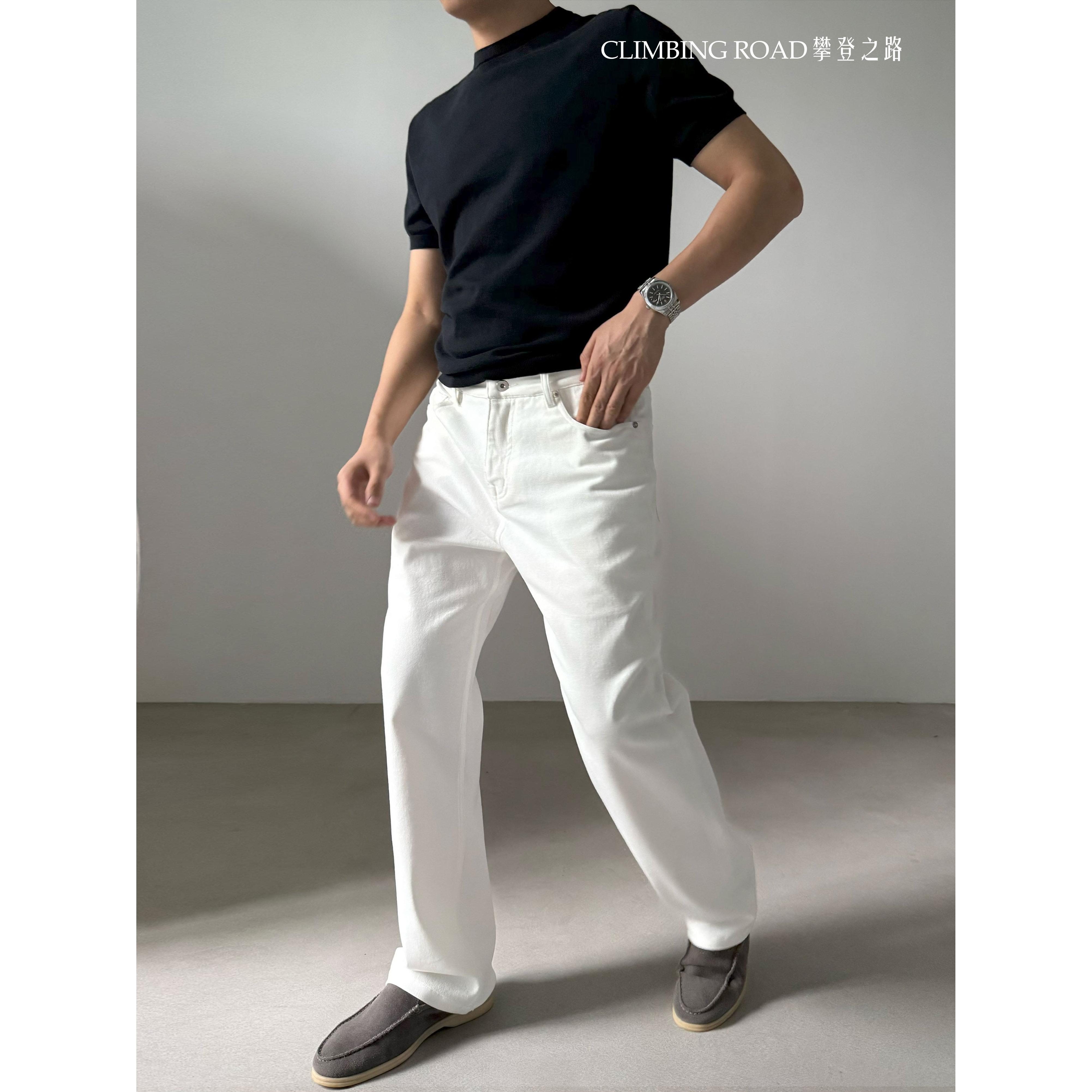 白色弹力直筒老钱风牛仔裤