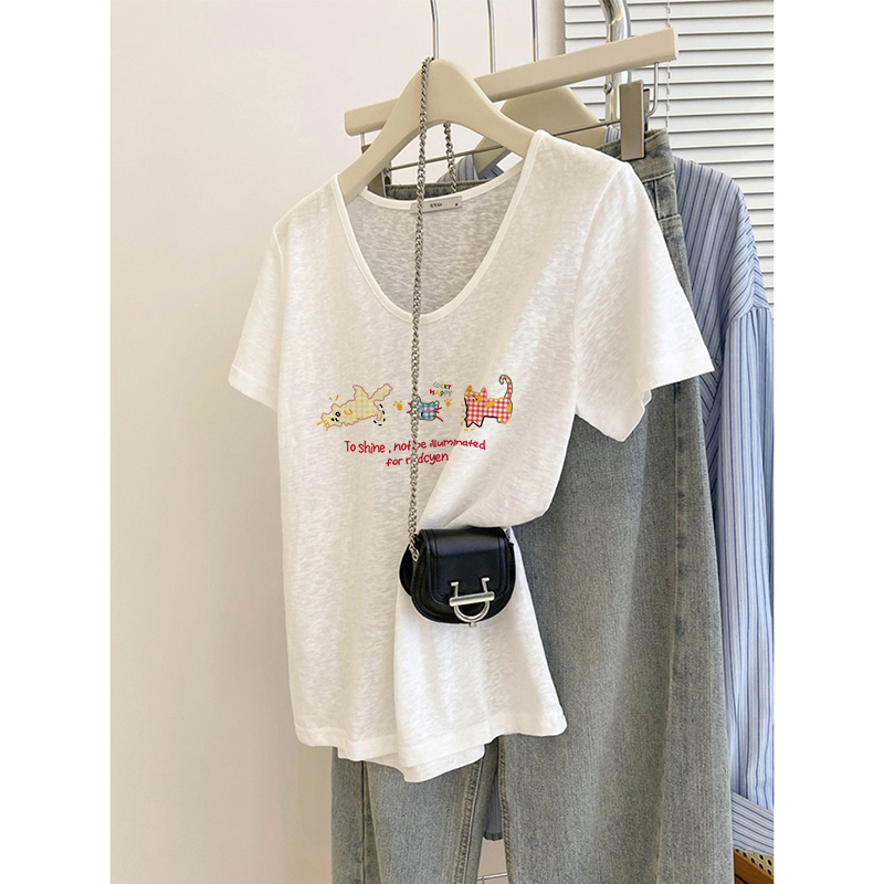 v领竹节棉t恤女短袖大码女胖mm