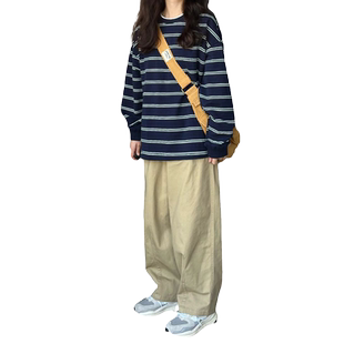 长袖t恤女条纹宽松oversize大码内搭打底衫港味复古chic上衣秋ins