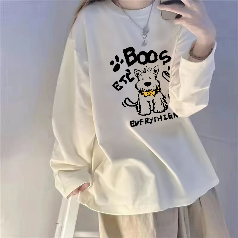 白色纯棉长袖t恤女宽松大码女装