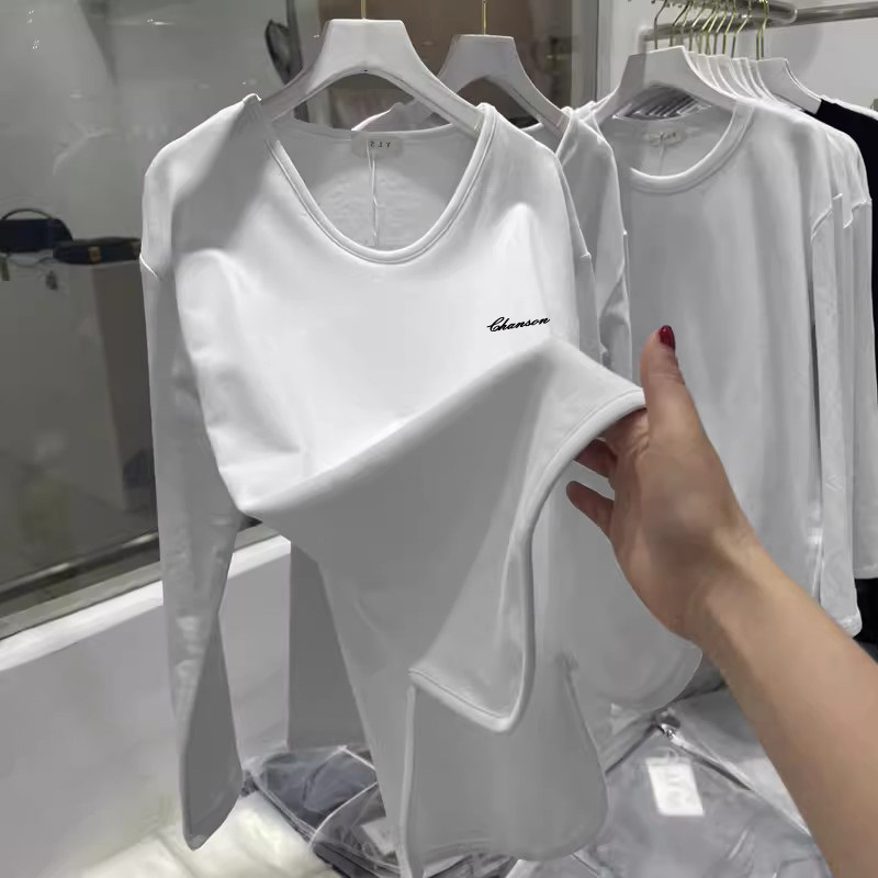 白色长袖t恤女秋冬加绒中长款
