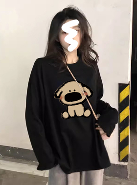 黑色内搭打底衫女2025新款宽松大码纯棉t恤女长袖早秋chic上衣女