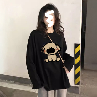 纯棉t恤女长袖 宽松大码 早秋chic上衣女 女2025新款 黑色内搭打底衫