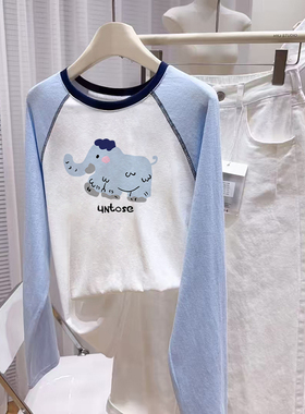 大码早秋长袖t恤女2026新款雪花棉撞色超火减龄上衣女设计感小众