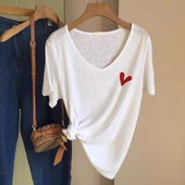 正肩女t恤宽松v领上衣女2026新款 爆款 胖mm大码 竹节棉白色短袖 女装