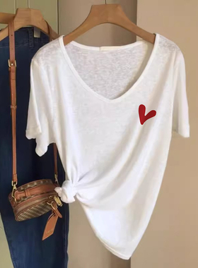 竹节棉白色短袖正肩女t恤宽松v领上衣女2025新款爆款胖mm大码女装