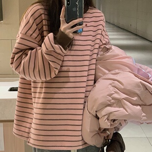 粉色条纹卫衣女oversize潮牌宽松圆领大码 港味复古chic上衣秋 长袖