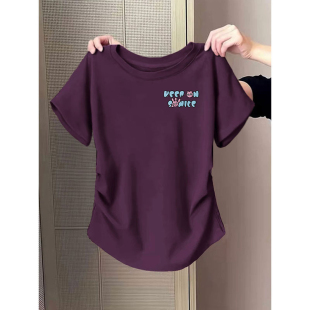 短袖正肩女t恤2026新款大码胖mm修身显瘦褶皱印花紫色上衣女夏