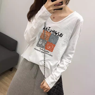 t恤女2024新款 春秋季 长袖 竹节棉内搭打底衫 显瘦宽松上衣 白色美式