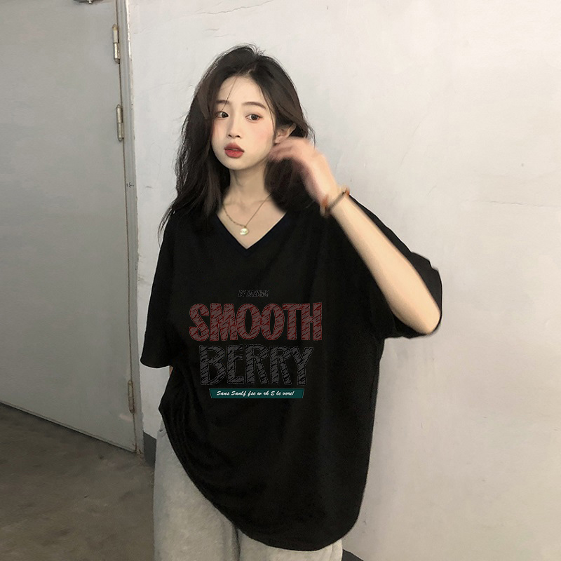 纯棉黑色t恤女2025新款短袖大码女胖mm显瘦大版宽松慵懒风v领上衣