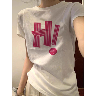 休闲显瘦小飞袖 复古短袖 t恤女2024新款 上衣 修身 女装 夏季 正肩美式