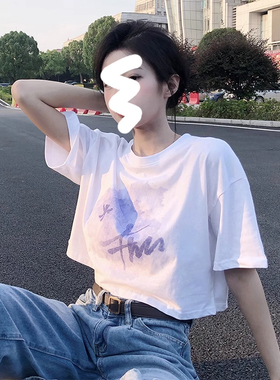 韩版宽松上衣女潮白色短款高腰短袖纯棉显瘦甜辣休闲美式复古t恤