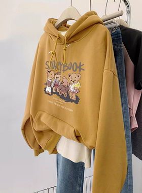 山东即墨黄色连帽卫衣女冬季加绒加厚宽松银狐绒大码胖mm女装上衣