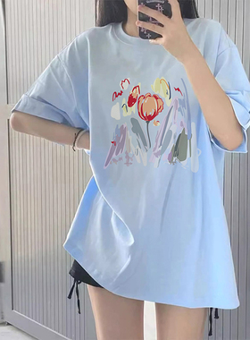 夏季大码女装美式复古短袖t恤女2024新款蓝色纯棉宽松显瘦上衣女