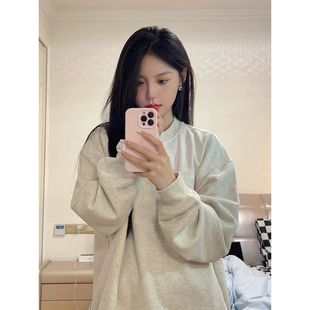 灰色加绒卫衣女款2026新款无帽圆领初中生胖mm大码女装长袖上衣女