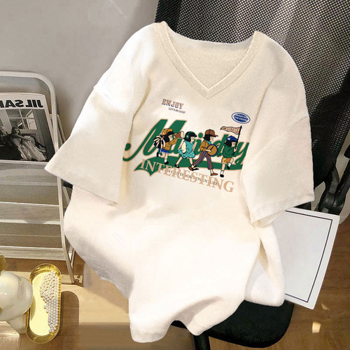 白色美式复古短袖t恤女v领大码
