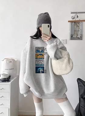 灰色加绒卫衣女新款2026爆款时尚洋气无帽胖mm大码女装慵懒风上衣