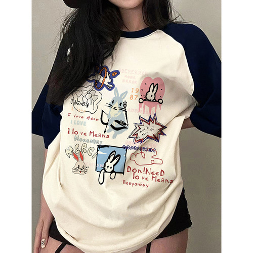 显瘦美式复古t恤纯棉休闲女上衣