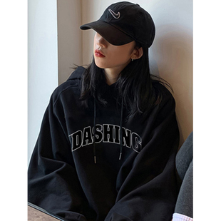 胖mm上衣潮 复古大码 黑色连帽卫衣加绒加厚女冬季 宽松oversize美式