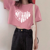 粉色上衣女夏 胖mm多巴胺穿搭辣妹短款 正肩女t恤宽松纯棉短袖 大码