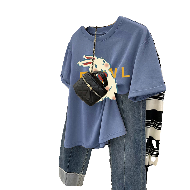 蓝色t恤女纯棉多巴胺穿搭短袖女夏季新款大码洋气减龄微胖上衣潮