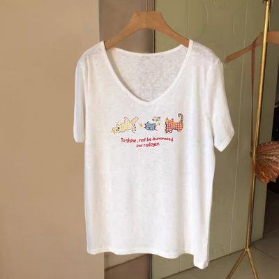 竹节棉白色短袖t恤女夏正肩大码